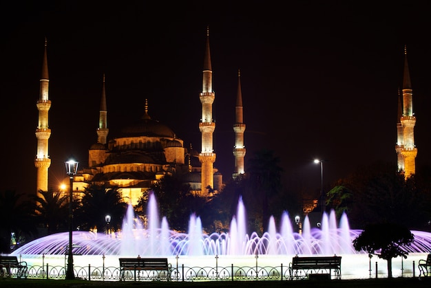 Meczet Sultanahmet z fontanną na pierwszym planie w nocy. Stambuł, Turcja.