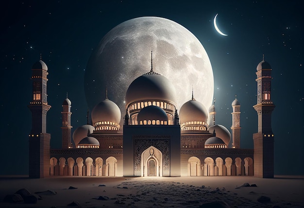 meczet w ciemnym niebie o zmierzchu sztandar w stylu islamskim