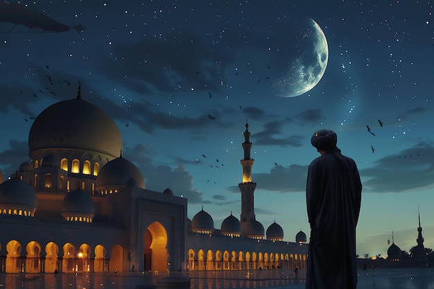 Meczet w nocy z księżycem i gwiazdami Ramadan Kareem tło