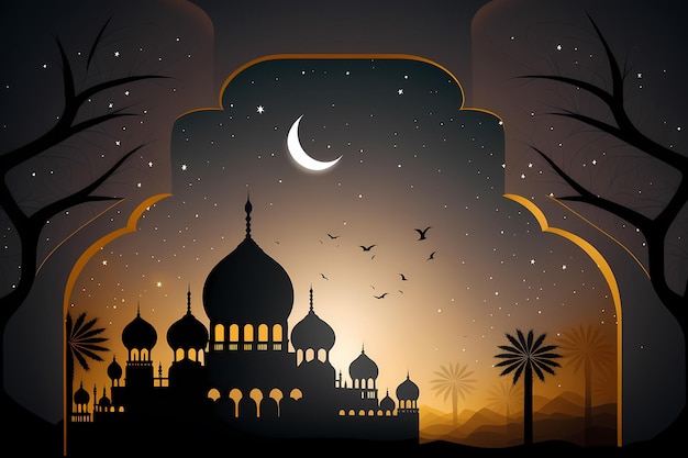 Zdjęcie meczet w nocy z księżycem i gwiazdami.