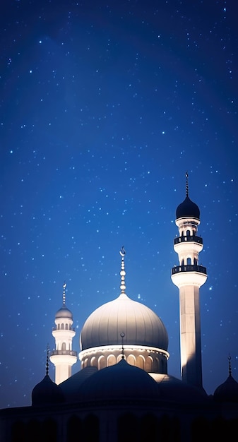 Meczet w nocy z portretem rozgwieżdżonego nieba Ramadan Kareem w tle