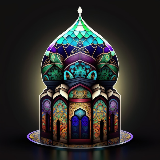 Meczet w stylu chibi na witrażu, efekt kalejdoskopu, meczet. Ramadan kareem projekt.