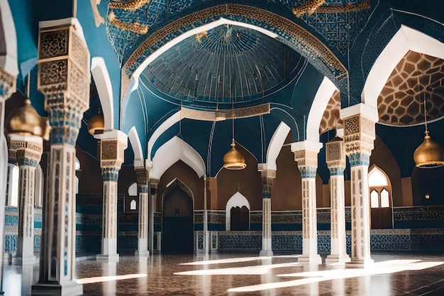 Meczet z niebieskim sufitem i dużym oknem ze złotym sufitem.