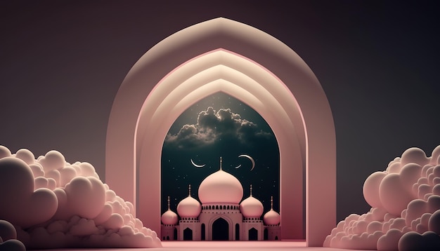 Meczet z sylwetką nocnej chmury w kolorze różowym Baner w stylu islamskim do wyświetlania produktów Piękne muzułmańskie zaproszenie Eid mubarak Religia w tle Generatywna sztuczna inteligencja