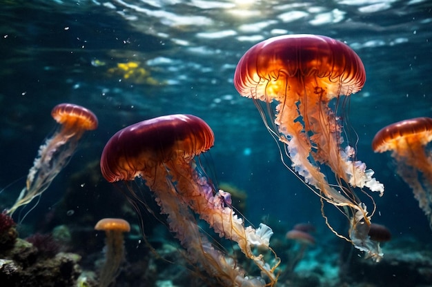 Zdjęcie meduza cubozoa pływająca w tropikalnych podwodnych zdjęciach z dna medusa w podwodnym świecie dzikich zwierząt