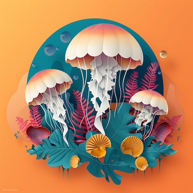 Zdjęcie meduza oceaniczna z roślinami podwodnymi w stylu kolażu ilustracja tekstowa dekoracja tła