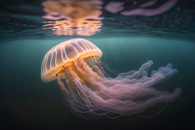 Meduza pływa pod wodą, a światło świeci na nią