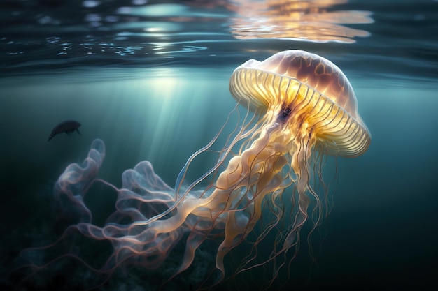 Meduza porusza się w pobliżu powierzchni morza, widziana pod wodą, wygenerowana przez Ai