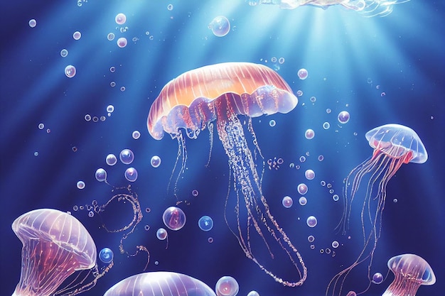 Meduza unosząca się w morzu Piękne niebieskie życie oceanu z blaskiem i brokatem