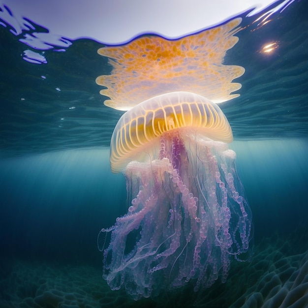 Meduza z długimi mackami w wodzie morskiej z bliska, ciekawe zwierzę morskie