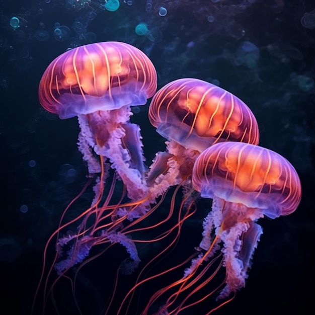 Meduzy pływające w wodzie z bąbelkami wody generującej ai
