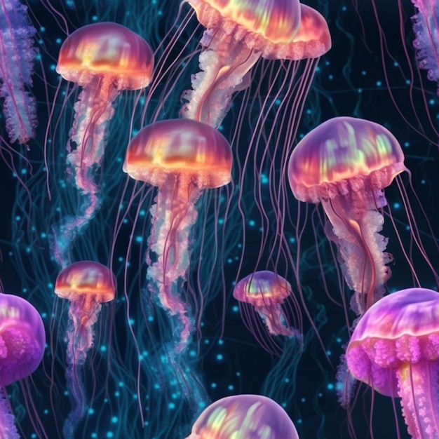 Meduzy pływające w wodzie z świecącymi światłami na nich generatywne ai