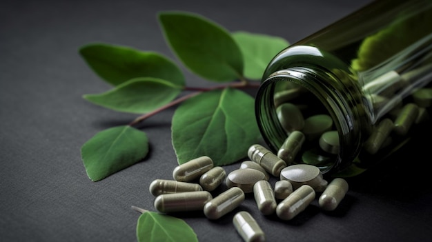 Zdjęcie medycyna alternatywna, naturalny, ziołowy, organiczny lek w kapsułkach z liśćmi ziół, naturalnymi suplementami dla zdrowego, dobrego życia 2