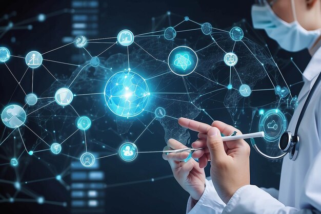 Medycyna dotykająca medyczną globalną sieć Komputing elektroniczna dokumentacja medyczna DNA Cyfrowa opieka zdrowotna i połączenie sieciowe na wirtualnym interfejsie Koncepcja technologii medycznej i innowacji