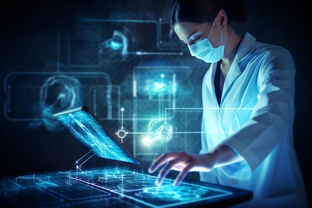 Medycyna przyszłości Lekarz medycyny korzystający z cyfrowego futurystycznego interfejsu medycznego Sieć neuronów fluorescencyjnych molekularnych i DNA są wykorzystywane w medycynie Laboratorium diagnostyczne analizy opieki zdrowotnej