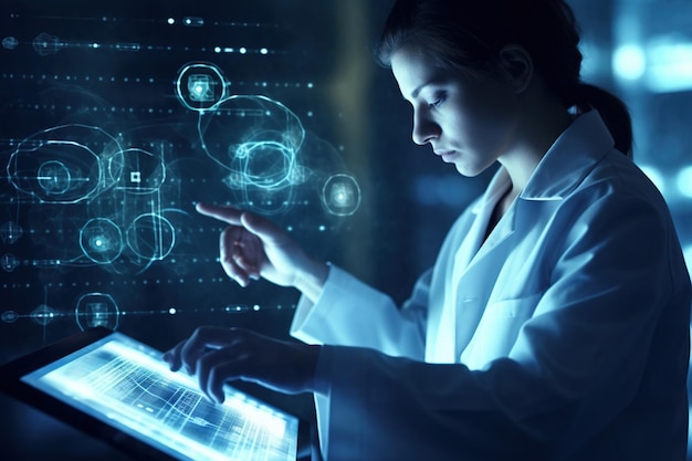 Medycyna przyszłości Technologia opieki zdrowotnej i koncepcja sieci DNA Cyfrowe zdrowie i sieci na hologramie Futurystyczny lekarz Inżynieria i Medtech Generacyjna sztuczna inteligencja