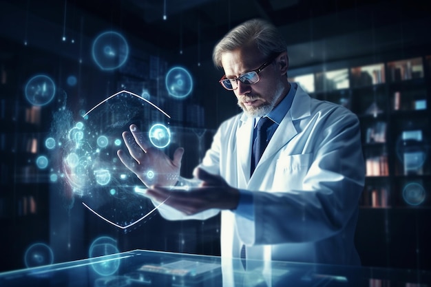 Medycyna w przyszłości ekran dotykowy tabletu mobilnego Innowacje w zakresie nanotechnologii i hologramu inżynieria genetyczna Lekarz korzystający z cyfrowego futurystycznego interfejsu medycznego opieka zdrowotna i dobre samopoczucie