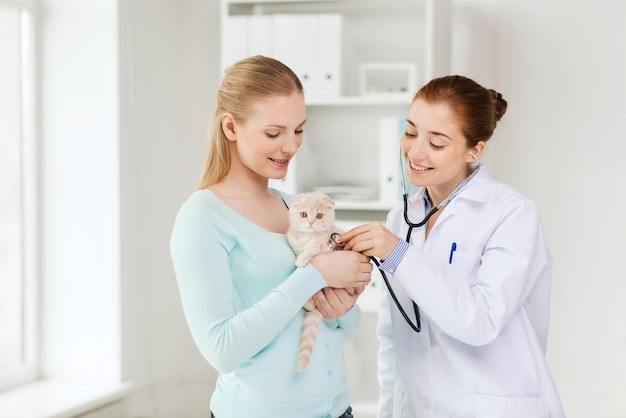 medycyna, zwierzę domowe, zwierzęta, opieka zdrowotna i koncepcja ludzi - szczęśliwa kobieta i lekarz weterynarii ze stetoskopem sprawdzający kociaka szkockiego w klinice weterynaryjnej