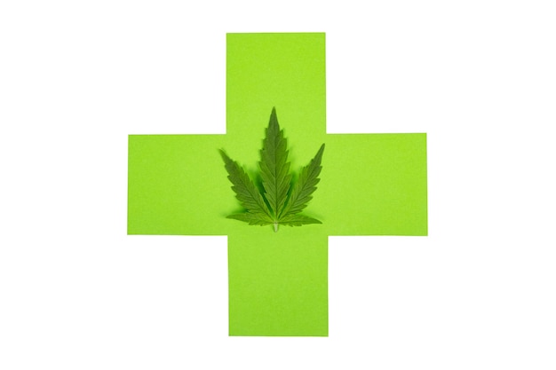 Medyczna marihuana lecznicza, zielony krzyż i liść konopi na białym tle.