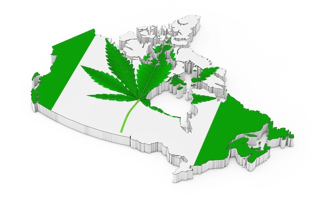 Medyczna marihuana lub liść konopi konopi jako flaga Kanady i mapa na białym tle. Renderowanie 3D