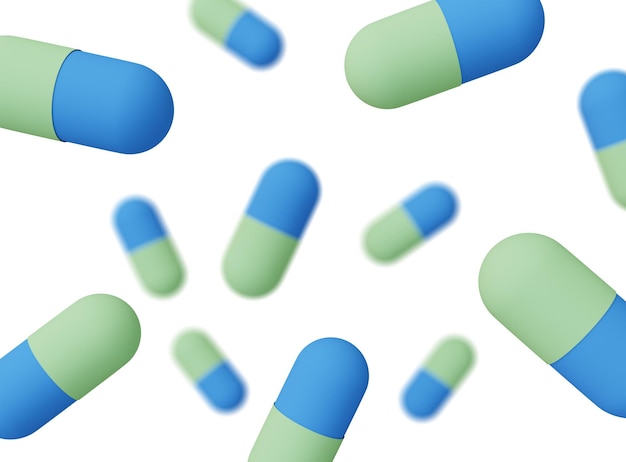 Medyczne tło renderowania 3d niebieskich i zielonych tabletek