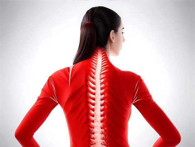 medyczny obraz z atrakcyjną dziewczyną trzymającą ból w plecach z czerwonym kolorem