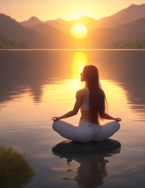 Medytacja w pięknym jeziorze o zachodzie słońca, stworzona za pomocą generatywnej sztucznej inteligencji