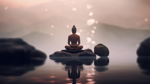 Medytacja w wodzie z mężczyzną siedzącym na skale i górami w tle.
