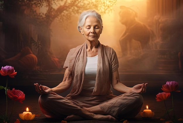 medytująca starsza kobieta w pozycji jogi w stylu jasnobrązowym i karmazynowym