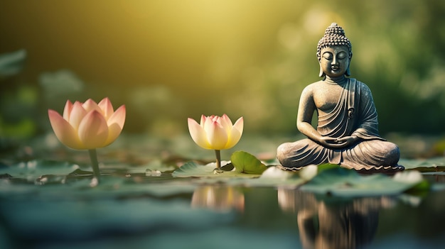 Zdjęcie medytujący posąg buddy otoczony kwitnącymi lotosami w spokojnych wodach stawu
