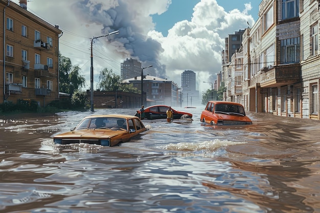 Mega powodzie w mieście Wielkie powodzie Ludzie na dachach Pływające samochody w mieście powodziowym