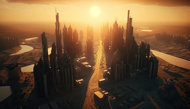 Mega stolica futurystyczne miasto Scifi tło scifi krajobraz fantastyczny obcy Generative AI