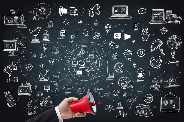 Megafon w ręku z różnymi ikonami dla koncepcji marketingu cyfrowego na tablicy
