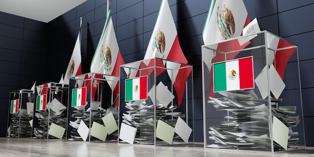 Meksyk kilka urn wyborczych i flag głosowania koncepcja wyborów ilustracja 3D