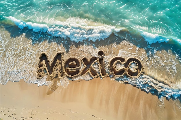 Zdjęcie meksyk napisany w piasku na plaży meksykańska turystyka i wakacje tło