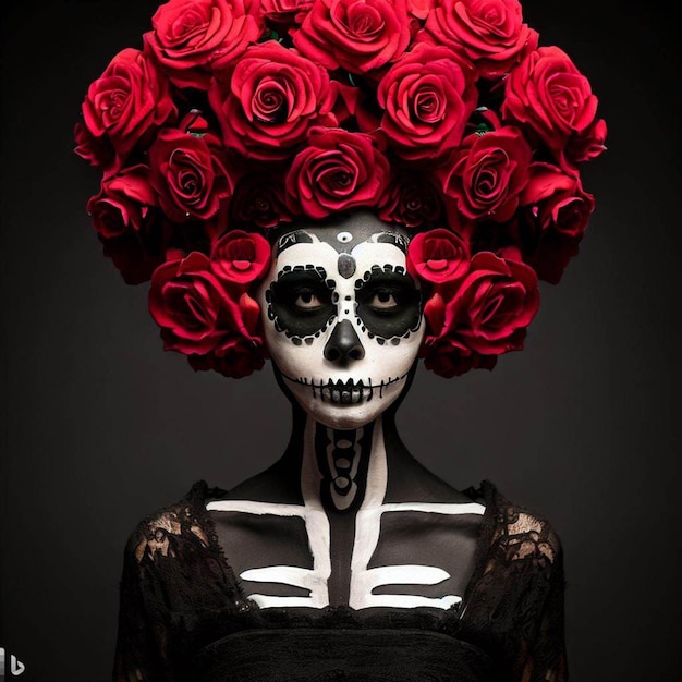Zdjęcie meksykańska catrina halloween pełna róż na głowie 9