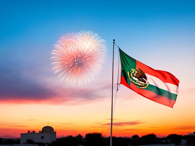 Meksykańska flaga uroczystości i fajerwerki o zachodzie słońca i chmura