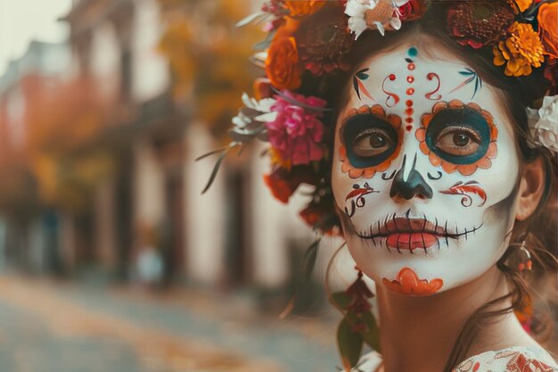 Meksykańska kobieta świętuje Dzień Śmierci, malując na twarzy przerażający motyw czaszki