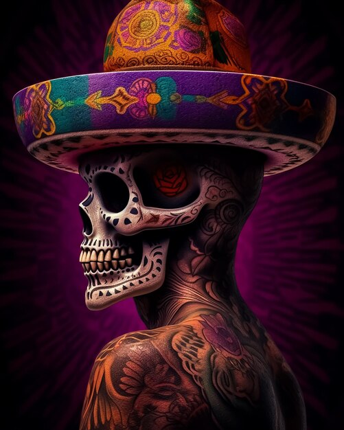 Meksykańska kolorowa czaszka z tatuażem w tradycyjnym kapeluszu i kwiatach