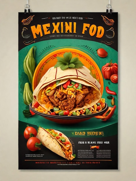 Meksykańska ulotka reklamowa broszura promocyjna plakat kuchni narodowej z kolorami flagi i taco nachos i innymi w stylu karikaturowym