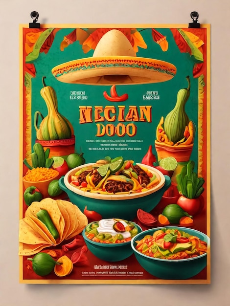 Meksykańska ulotka reklamowa broszura promocyjna plakat kuchni narodowej z kolorami flagi i taco nachos i innymi w stylu karikaturowym