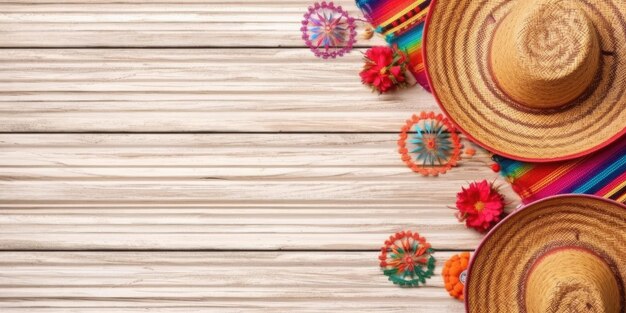 meksykański kapelusz i kolorowe meksykańskie dekoracje z miejscem dla tekstu na białym drewnianym tle