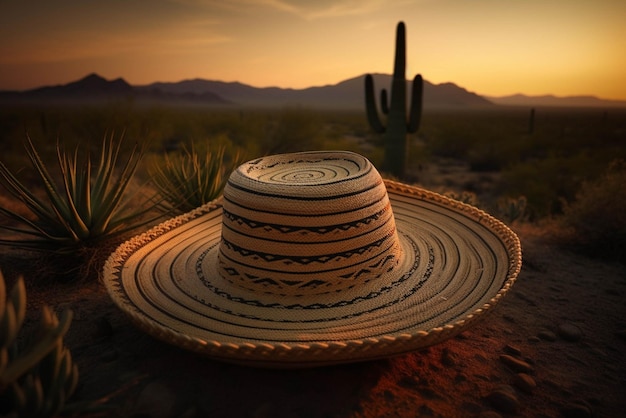 Zdjęcie meksykański kapelusz sombrero na meksykańskiej pustyni o zachodzie słońca