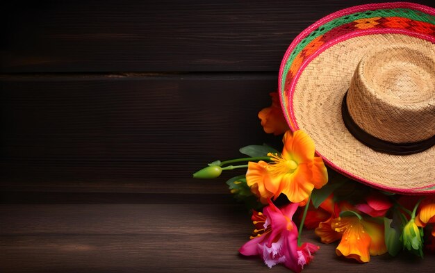 Meksykański kapelusz sombrero z kwiatami na drewnianym tle