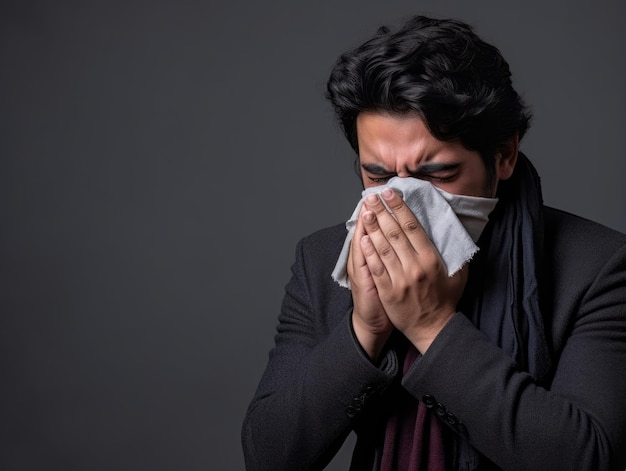 Meksykański mężczyzna cierpi na przeziębienie z przepływem nosa na szarym tle