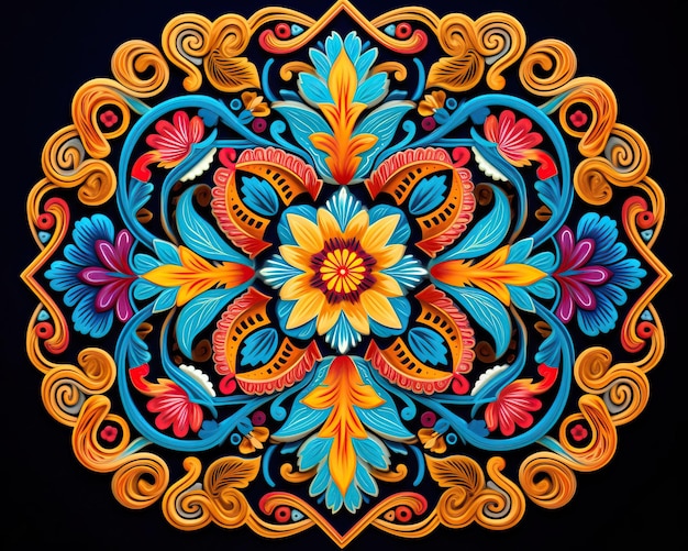 Meksykański projekt haftowania przedstawiający kolorowy geometryczny wzór mandali