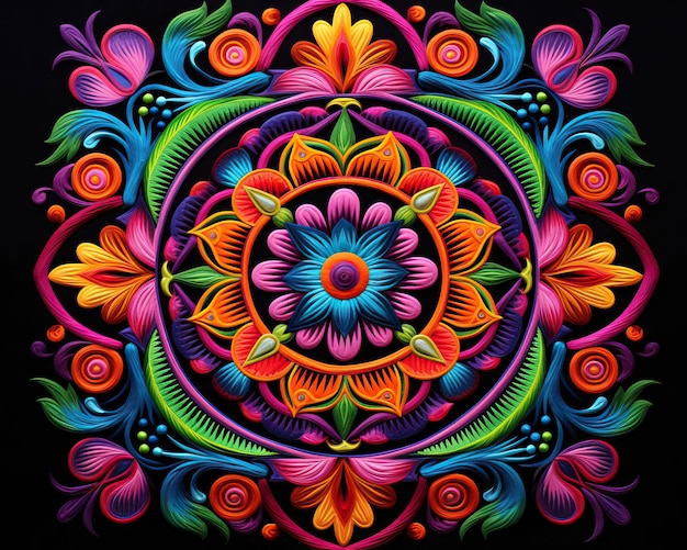Meksykański projekt haftowania przedstawiający kolorowy geometryczny wzór mandali