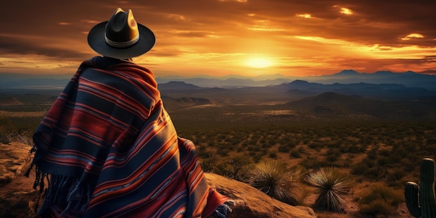 Zdjęcie meksykański strzelec z poncho i kapeluszem krajobraz z kanionami i zachodem słońca stary zachód generatywna sztuczna inteligencja