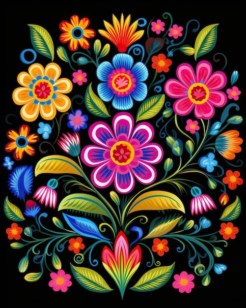 Meksykański wzór haftowany z skomplikowanymi wzorami kolorowych kwiatów i kwitnących winorośli