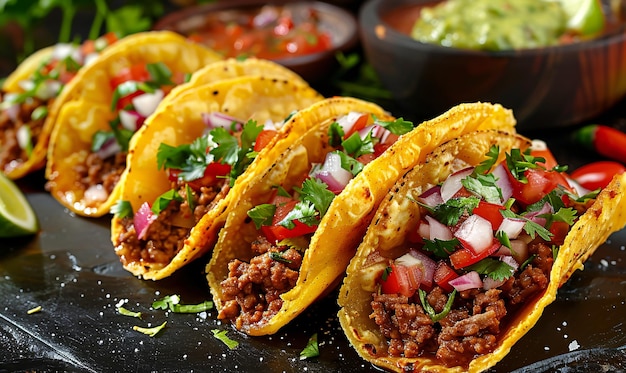 Meksykańskie jedzenie pyszne muszle taco z mięsem wołowym i domową salsa